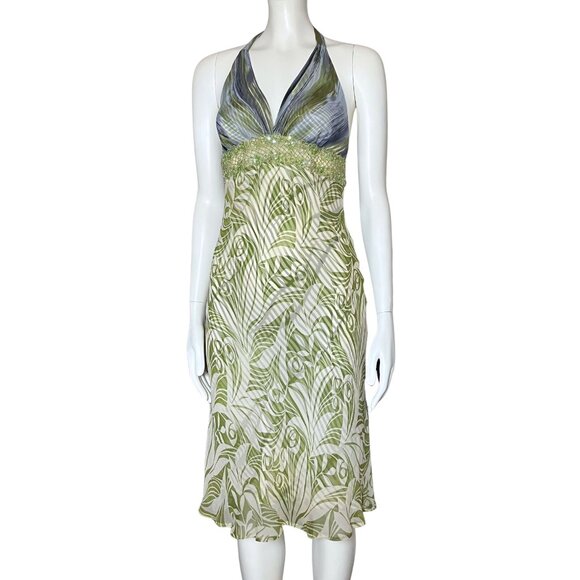 Vintage Y2K 100% Silk Funky Green Halter Dress Sequins. XS Fairy Grunge Festival - Picture 2 of 13